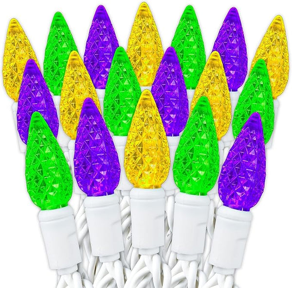 70 Light 24Ft Mardi Gras Lights Commercial String Lights C6 LED Strawberry Faceted Bulb – Yellow/Purple/Green | Lumora