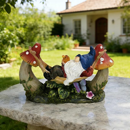 Solar-Powered Garden Gnome Statue - Mushroom LED Light Outdoor Lawn Ornament, Waterproof Resin Sculpture,Weather-Resistant Cute Figurine, Perfect for Yard, Garden Path, Patio Lighting Decor (Red)