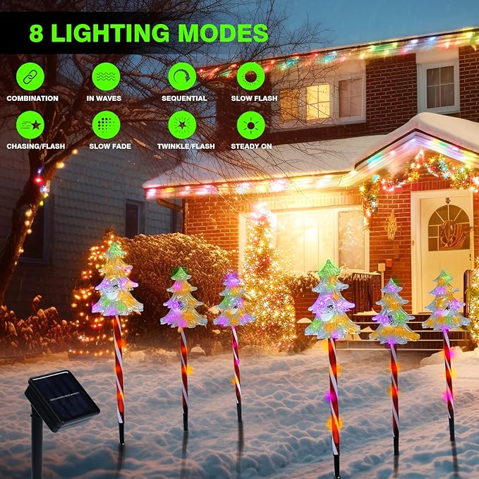 Solar Christmas Pathway Lights Outdoor Decorations, 8 Modes Multicolored Tree Candy Lights, Waterproof Solar Christmas Stake Lights for Yard Walkway Lawn Porch Holiday Decor（3PC）