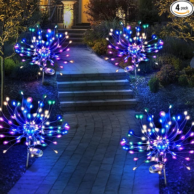 Anordsem Solar Garden Lights Outdoor: 4 Pack Bendable Copper Wire with 120 LED Firework Beads - Waterproof Colorful Lighting DIY Decoration Patio Pathway - Gardening Gifts for Homeowner
