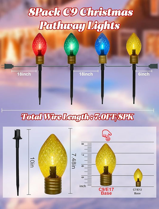 2 Pack Jumbo C9 Christmas Pathway Lights Outdoor, 7FT LED With Marker Stakes, Diamond Pattern Multicolor Light Bulb for Lawn Yard Garden Christmas Decor
