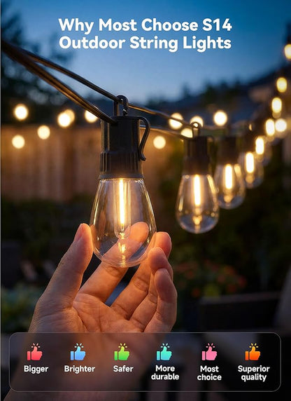Minetom 31FT Outdoor String LED Patio Lights Waterproof, 9 Shatterproof S14 Vintage Edison Bulbs, Commercial Grade Outside Hanging Lights Waterproof for Porch Deck Garden Backyard Balcony