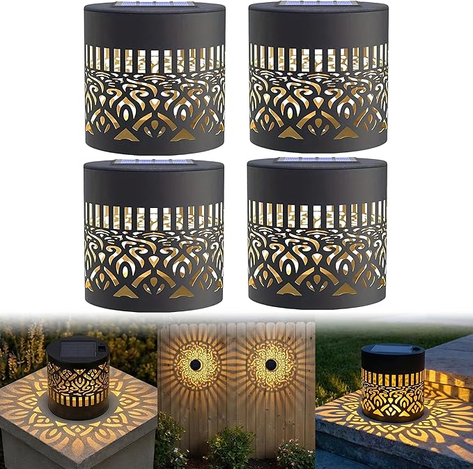 Decorative Solars Mandala Lights, Metal Solars Powered Outdoors Deck Steps Walls Lights, Mandala Theme Waterproof Fence Light for Garden Post Patio Backyard Yard Decor (Mandala*4PCS)