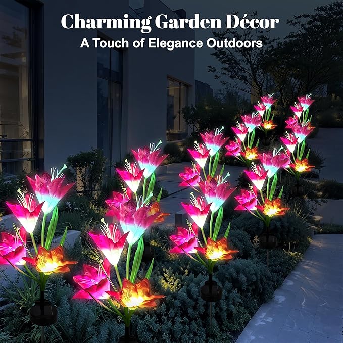 Solar Powered Lily Flower Lights Outdoor, Waterproof Color Changing Garden Lights with Large Solar Panel, 2 Pack for Patio, Yard, Pathway Decoration
