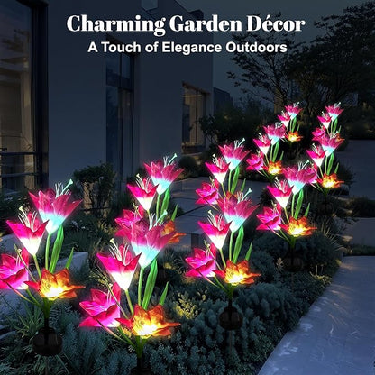 Solar Powered Lily Flower Lights Outdoor, Waterproof Color Changing Garden Lights with Large Solar Panel, 2 Pack for Patio, Yard, Pathway Decoration