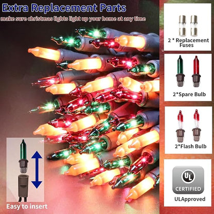 Ultra-Bright Connects End to End Orange Purple and Green Christmas Mini Lights 300L 63.8Ft(2Sets-Each 150L)UL Listed Incandescent Bulb String Light for Indoor Outdoor Halloween Tree Decor