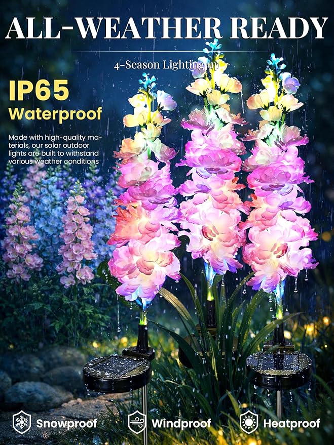 GIGALUMI Solar Lights Outdoor for Garden Decor, 3 Pack Solar Flower Lights Waterproof, 2 Lighting Modes Delphinium for Pathway,Yard, Patio Decoration, Gardening Gifts for Women (Pink)