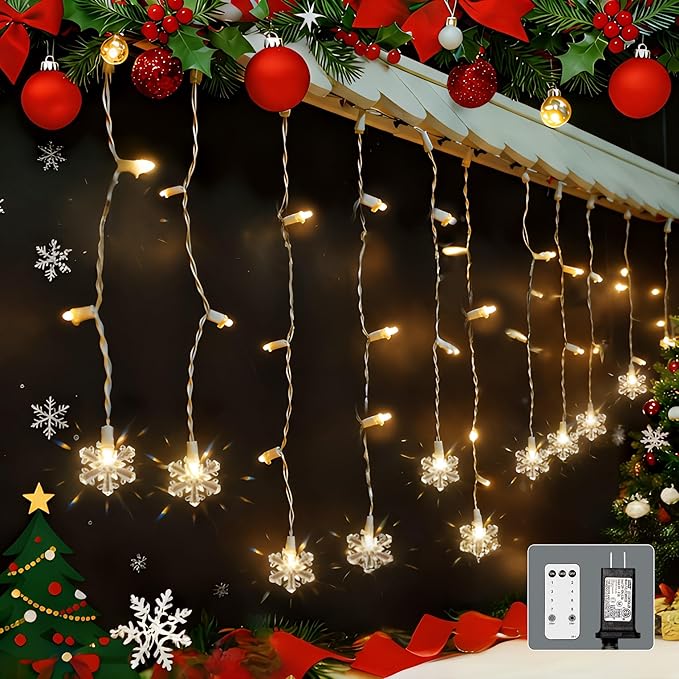 Icicle Lights for Outside 180 Clear Warm White 5MM Led 26.4ft White Wire Snowflake with 8 Mode Function Curtain String Lights Indoor Warm White and Outdoor for roof Patio Garden Bedroom (Remote)