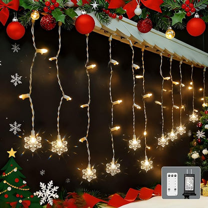 Icicle Lights for Outside 180 Clear Warm White 5MM Led 26.4ft White Wire Snowflake with 8 Mode Function Curtain String Lights Indoor Warm White and Outdoor for roof Patio Garden Bedroom (Remote)
