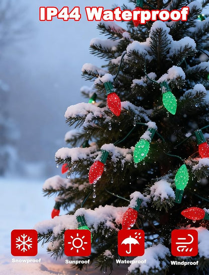 C7 Outdoor Christmas Lights - 25ft Red and Green Christmas Lights with 27 Ceramic Bulbs(2 Spare), Waterproof Extendable Christmas Tree Lights for Indoor Party Backyard Xmas Light,Green Wire