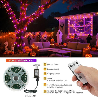 Tcamp 164FT 500 LED Orange Purple Halloween Lights outdoor Indoor, 8 Modes Christmas Tree Lights with Remote Timer Memory, Green Wire Starry Fairy String Light for Halloween decorations(Purple Orange)