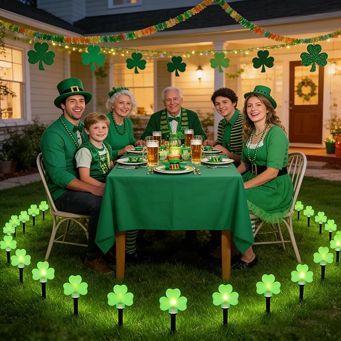 St Patricks Day Decorations Solar Garden Lights Outdoor Waterproof 8 Pack Green Shamrock Three Leaf Lucky Clover Solar Stake Lights 8 Modes for Yard Pathway Party Outside Irish St. Patrick's Day Decor