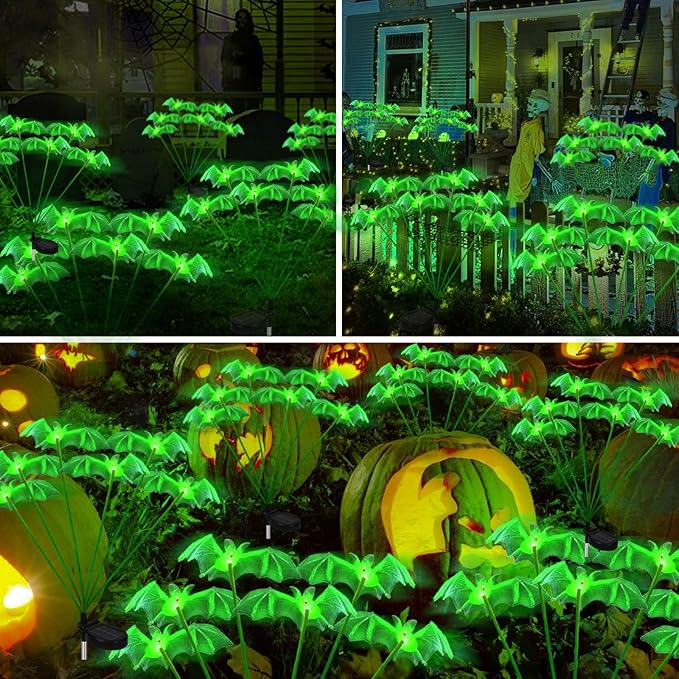 2Pack Solar Bat Garden Lights for Halloween Decorations outdoor,12LED 3D Scary Light up Flying Bats Outside Decor, Solar Bats Path Lights for Home Garden Porch Yard Lawn Halloween Party Gifts Decor