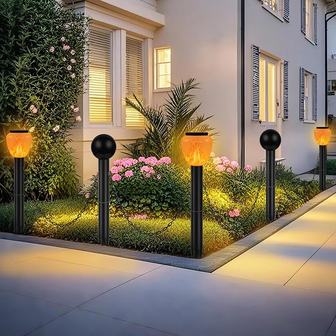 GOESWELL Solar Post Lights Decorative Fence: 27 inch Tall Large Landscape Path Lights with Chains for Pool Driveway Patio Garden - Set of 3 Flickering Flame Lights and 2 Post