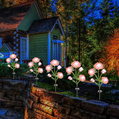SmilingTown Solar Garden Stake Lights 2 Pack with 10 Rose Flowers Landscape Path Decorative Lights Waterproof for Outdoor Yard Grave Cemetery Pathway Courtyard Lawn (Pink)
