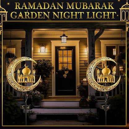 2 Pcs Ramadan Solar Lights Ramadan Decorations Outdoor Mubarak Star Moon Solar Stakes Lights Waterproof for Eid Decorations Outdoor Garden Walkway Lawn Patio Yard(Muslim)