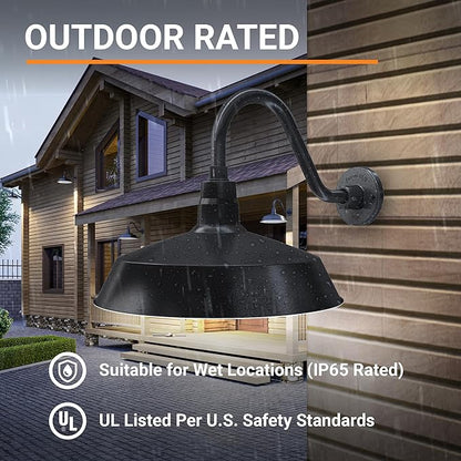 17in. Satin Black Outdoor Gooseneck Barn Light Fixture With 14.5 in. Long Extension Arm - Wall Sconce Farmhouse, Vintage, Antique Style - UL Listed - 9W 900lm A19 LED Bulb (5000K Cool White)