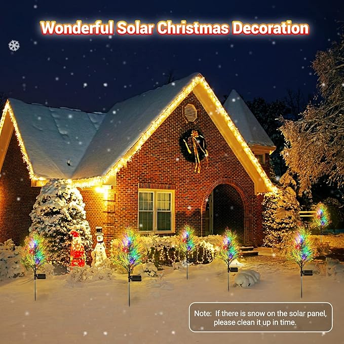 Solar Christmas Decorations Outdoor, 4 Pack Solar Garden Tree Lights with 2 Modes and 12 Lamp Beads, Multi-Color Waterproof Holiday Lights for Yard, Lawn and Pathway Decorations