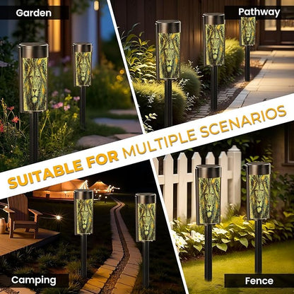 4 Pack Solar Pathway Lights Outdoor Waterproof Lion Animal Blue Majestic Mane Splatter Effects Golden Accents Intense Solar Garden Lights LED Landscape Lighting for Yard Walkway Lawn Garden Decor