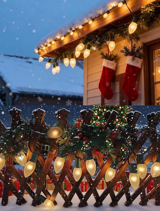 25Ft Frosted White Christmas Lights C9 Vintage Christmas String Lights with 26 Frosted White Bulbs(1 Spare) Hanging | Lumora
