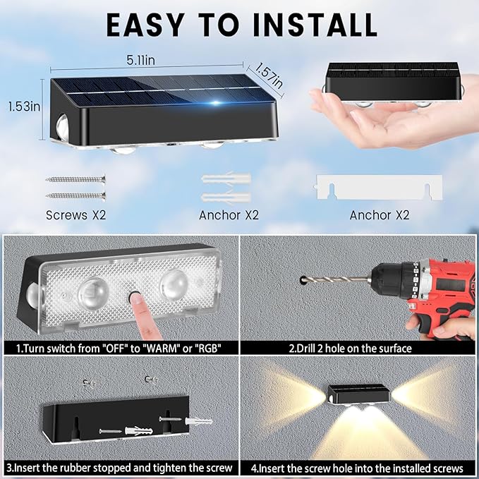 Solar Fence Lights 8 Pack Solar Fence Lights Outdoor with 3-Side Lighting, 9 Colors＆11 Lighting Modes, IP65 Waterproof, Fence Lights Solar Powered for Outside Wall Backyard Step Patio Deck Garden
