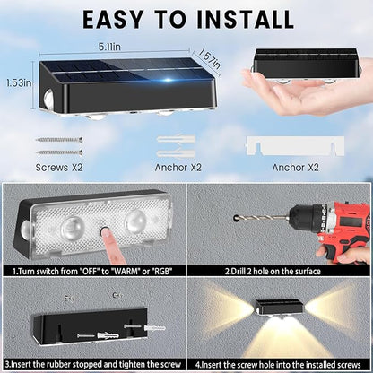 Solar Fence Lights 8 Pack Solar Fence Lights Outdoor with 3-Side Lighting, 9 Colors＆11 Lighting Modes, IP65 Waterproof, Fence Lights Solar Powered for Outside Wall Backyard Step Patio Deck Garden