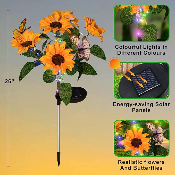 Sunflower Solar Lights Outdoor- 2 Pack Garden Lights Outdoor Waterproof with 10 Flowers and 4 Butterflies for Garden, Patio, Yard (Yellow)