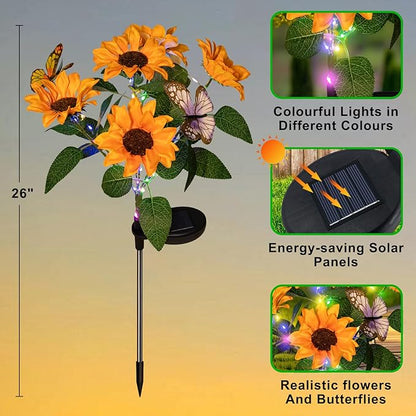 Sunflower Solar Lights Outdoor- 2 Pack Garden Lights Outdoor Waterproof with 10 Flowers and 4 Butterflies for Garden, Patio, Yard (Yellow)
