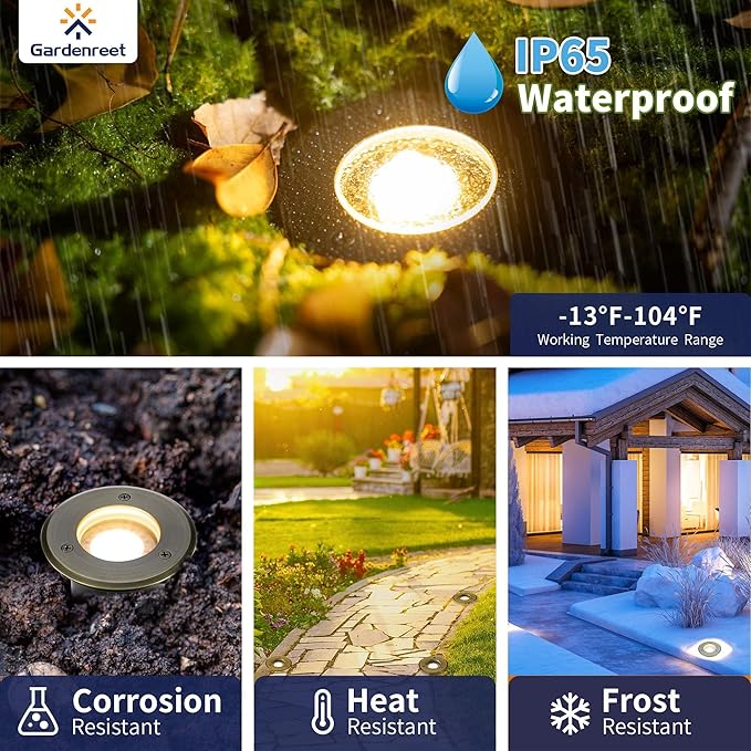 Gardenreet Landscape Low Voltage Well Light - Brass Electric LED 12V in-Grade Lighting, Replaceable Bulb Wired | Lumora