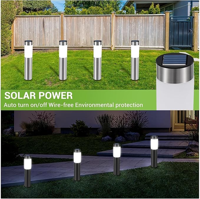 4 Pack Solar Pathway Lights Outdoor, Solar Walkway Lights with Polished Stainless Steel Layer, IP45 Waterproof Outdoor Solar Lights for Garden Yard Landscape Driveway Patio Deco