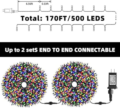 XTF2015 Christmas String Lights 170FT 500 LED, End-to-End Plug 8 Modes Memory Function with Timer - UL Certified - Outdoor Indoor Fairy Christmas Lights for Tree, Patio, Garden, Holiday (Multicolor)