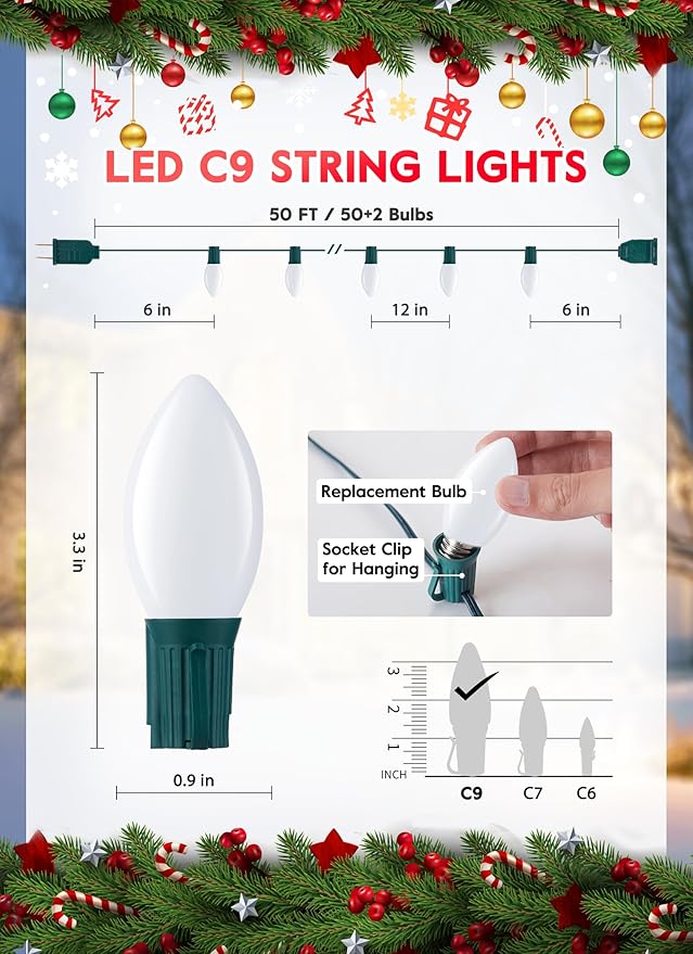 Vintage C9 LED Christmas Lights Outdoor, 50 Feet C9 String Lights with 50 Shatterproof Matte Bulbs, Connectable | Lumora
