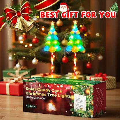 25" Larger Outdoor Christmas Decorations, 12 Pack Colorful Solar Candy Cane Christmas Tree Lights with 10 Lighting Modes and Bright 204 LED, Waterproof Solar Christmas Tree for Pathway Yard