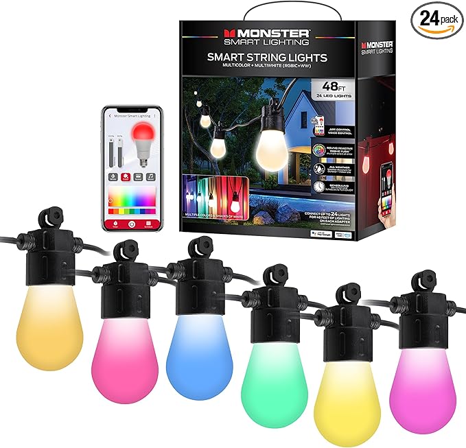 Monster 48 Foot Outdoor Smart RGB+IC+WW String Lights, 24 Bulb Individually Controlled Dimmable LEDs, Sound Reactive, Water & Weather Resistant, Compatible with Alexa, Siri, Google Home, App