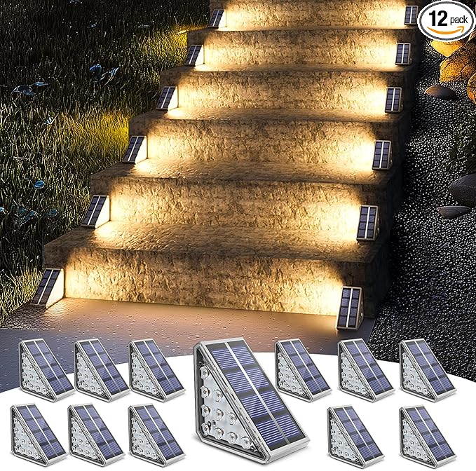 NIORSUN Solar Step Lights for Outside Waterproof IP67,12 Pack Outdoor Stair Light Auto On Off,Solar Lights for Steps,Stair,Patio,Yard,Porch,Front Door,Sidewalk,Deck Decor,Warm White