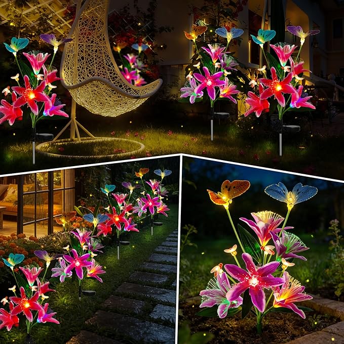 Solar Flower Lights Outdoor Garden Decor,2Pack Color Changing lilies flowers with Flying Butterfly and Bee,22LED Lily Solar Garden lights Outside for Path Yard Patio Lawn Party Mom day Decor