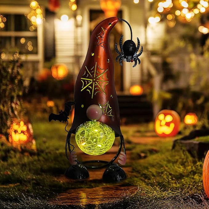 Halloween Decorations Outdoor Gnome Solar Lights, Color Changing LED Lights with Spider Web Hollowed-Out Hat | Lumora
