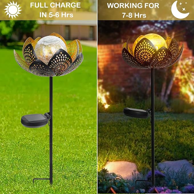 Afirst Solar Lights Outdoor, Garden Lotus Stake Lights Waterproof Decorative Pathway Light Metal Crackle Glass Solar Light Landscape for Garden,Patio,Lawn,Walkway,Tabletop,Pathway,Yard Decor, Golden