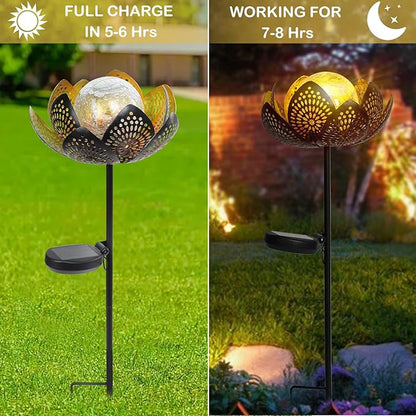 Afirst Solar Lights Outdoor, Garden Lotus Stake Lights Waterproof Decorative Pathway Light Metal Crackle Glass Solar Light Landscape for Garden,Patio,Lawn,Walkway,Tabletop,Pathway,Yard Decor, Golden