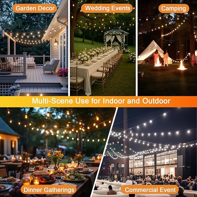 Commercial Grade LED String Lights 10 Shatterproof LED Bulbs, IP65 Waterproof & Dimmable Warm White,Black Wire,Outdoor Hanging Lights for Patio, Wedding, Cafe, Backyard Decor (30FT)