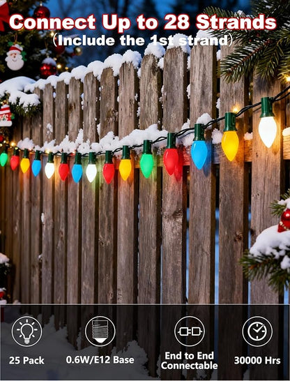 C7 LED Christmas Lights 25Ft Multicolor Christmas String Lights Outdoor with 27 Ceramic LED Light Bulbs, String Lights for Tree Decor Patio Carnival, E12 Candelabra Base Base