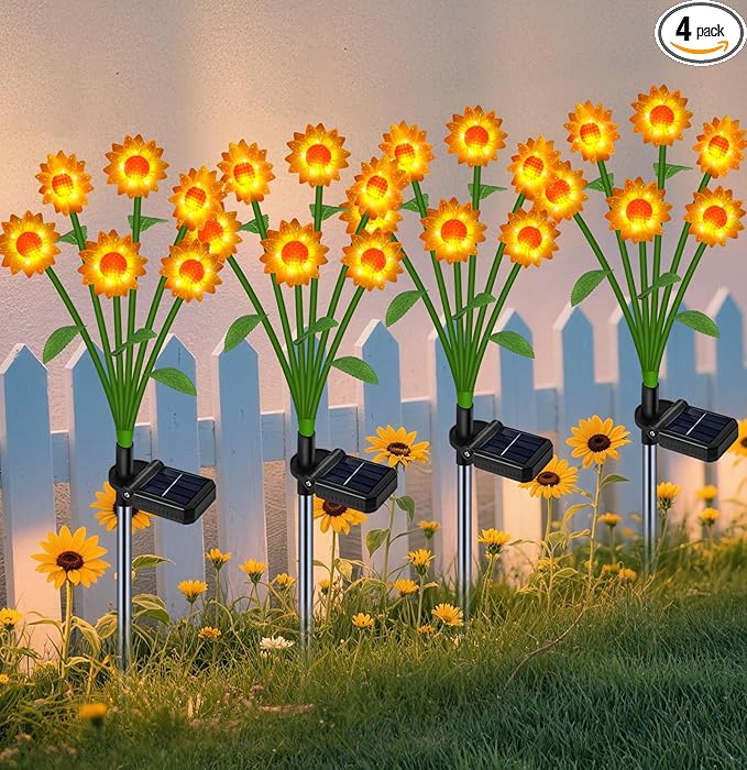 Solar Lights Outdoor Waterproof Sunflowers Garden Decor,4 Packs with 24 Sunflower lights,Birthday Gifts for Women Mom,Solar Flowers Decorative Lights for Outside Yard Lawn Patio Porch decorations