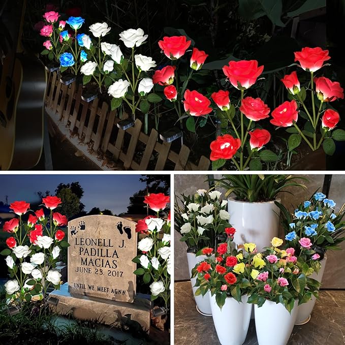 Solar Lights Outdoor Garden Decorative 4 Pack, Waterproof Solar Flower Lights with 20 Realistic Rose for Patio, Back Yard, Flower Bed, Pathway, Patio, Porch, White and Red