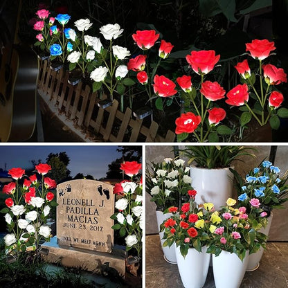 Solar Lights Outdoor Garden Decorative 4 Pack, Waterproof Solar Flower Lights with 20 Realistic Rose for Patio, Back Yard, Flower Bed, Pathway, Patio, Porch, White and Red