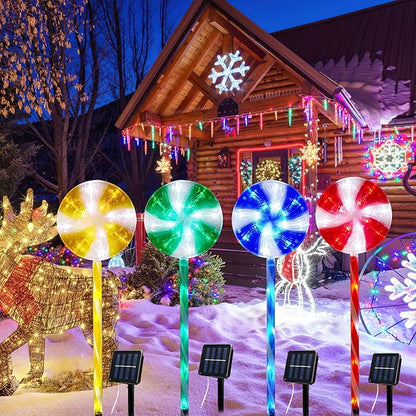 4PCS Lollipop Peppermint Solar Candy Cane Lights Outdoor - Christmas Solar Pathway Lights Christmas Lollipop Decorations 8 Modes Candy Cane Pathway Light for Outside Yard Walkway