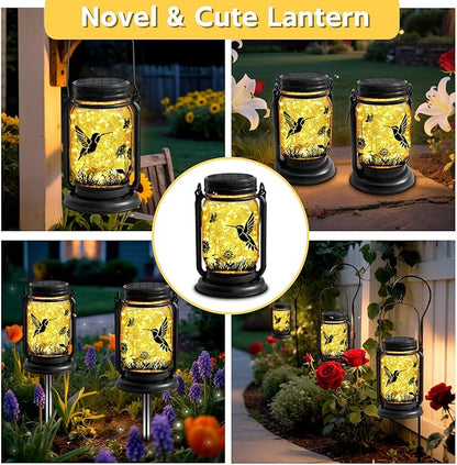 Hummingbird Solar Lanterns 3-in-1 Outdoor Waterproof - Birthday Gifts for Women Mom Christmas, Mason Jar Hanging Lanterns with Stake, Garden Decor Lights for Patio Yard Porch Lawn Balcony Decorations