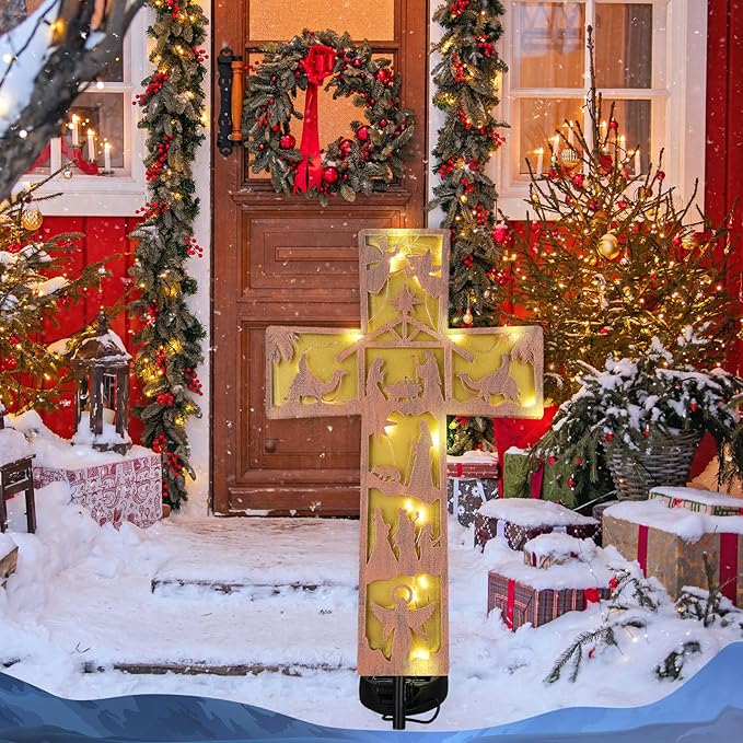 Tuanse 11 Inches Christmas Nativity Scene Outdoor Bronze Cross Decorations Metal Solar Lighted Cross Nativity Scene Garden Stake Retro Solar Outdoor Religious Sign for Christmas Outside Patio