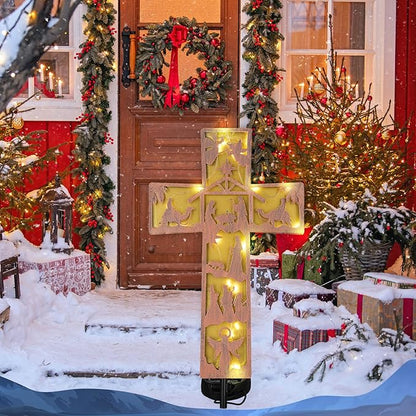 Tuanse 11 Inches Christmas Nativity Scene Outdoor Bronze Cross Decorations Metal Solar Lighted Cross Nativity Scene Garden Stake Retro Solar Outdoor Religious Sign for Christmas Outside Patio