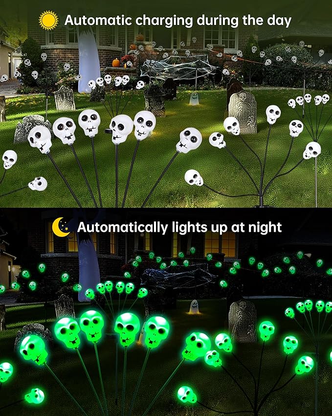 Halloween Solar Pathway Lights 2PK 12 LEDs Solar Outdoor Garden Stake Lights,Waterproof Pathway Light for Halloween Party Home Yard Patio Decorations Skull