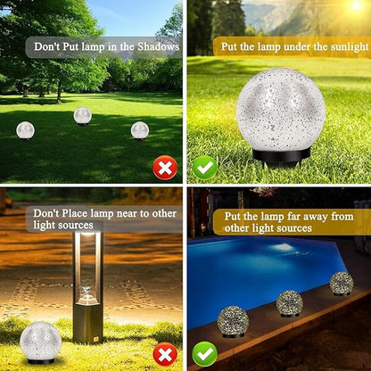 Solar Globe Lights Outdoor Waterproof, Cracked Glass Ball Orb Lights, Waterproof Globes for Garden Pathways, Patio Decor & Backyard Landscaping, Round Ornaments Orbs (Silver dots)